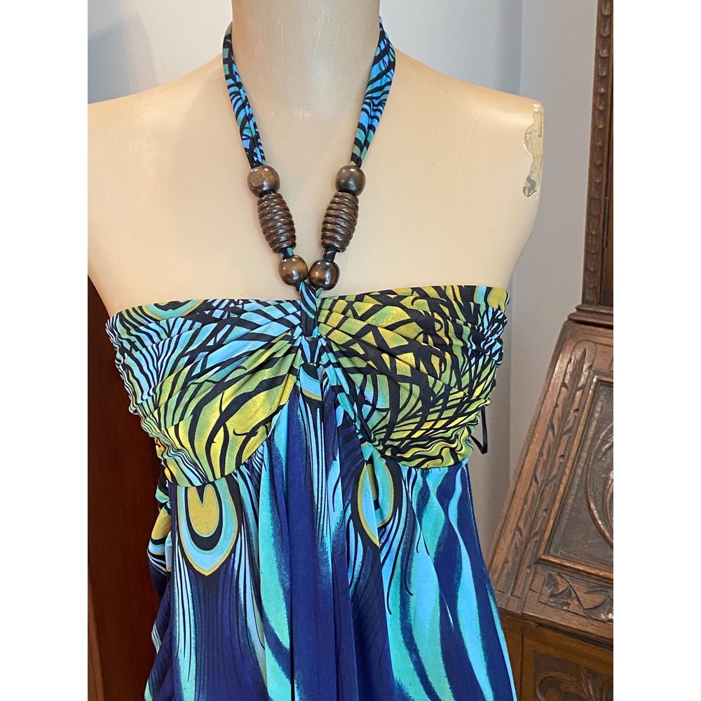 Peacock Print Beaded Halter Maxi Dress Blue/Green/Yellow Size Large Smocked Back